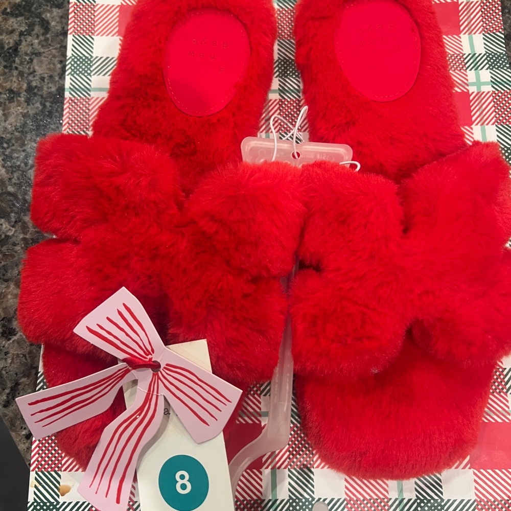 a new day Red Fuzzy Slippers